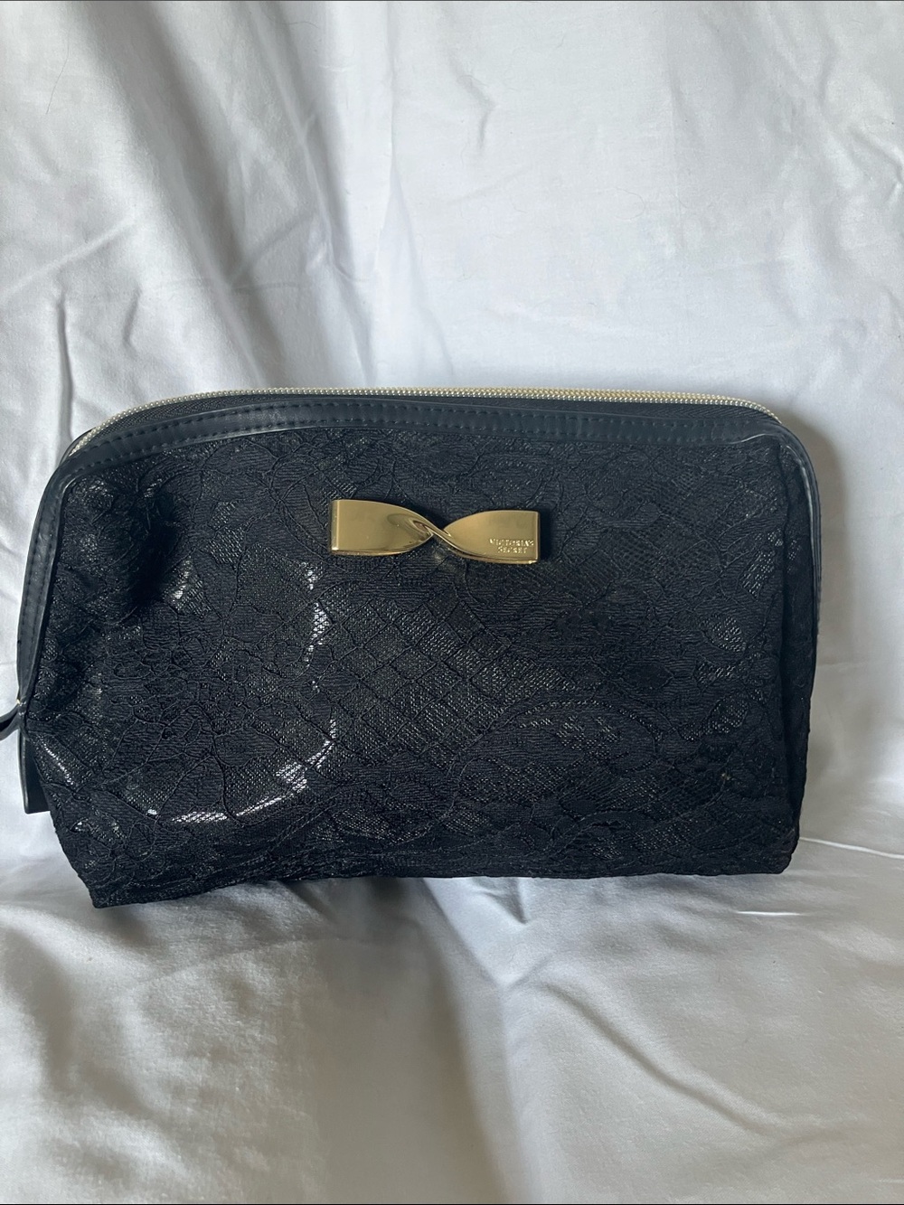 Victoria's Secret Black Lace Cosmetic Case with Gold Bow